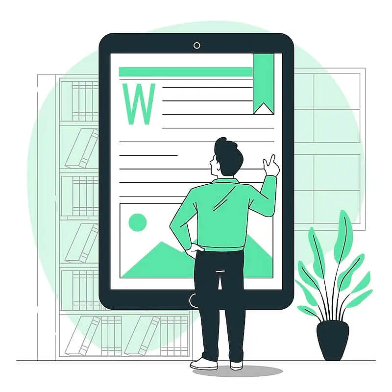 The illustration shows a man inf front of a big tablet.