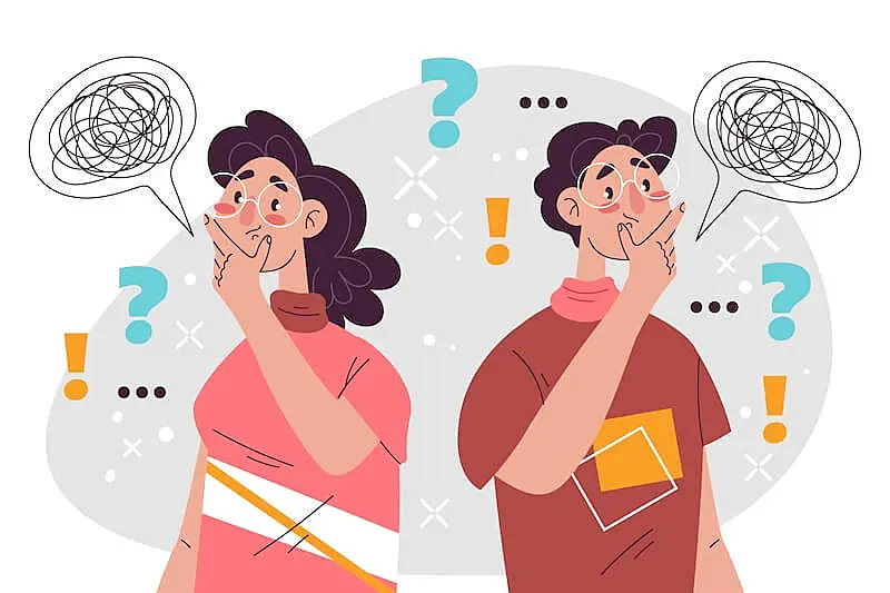 The image shoes 2 people with concerned faces. Around them there are many question marks.