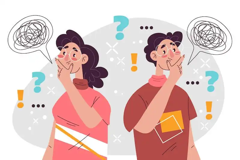 How to publish an ebook FAQ The image shoes 2 people with concerned faces. Around them there are many question marks.