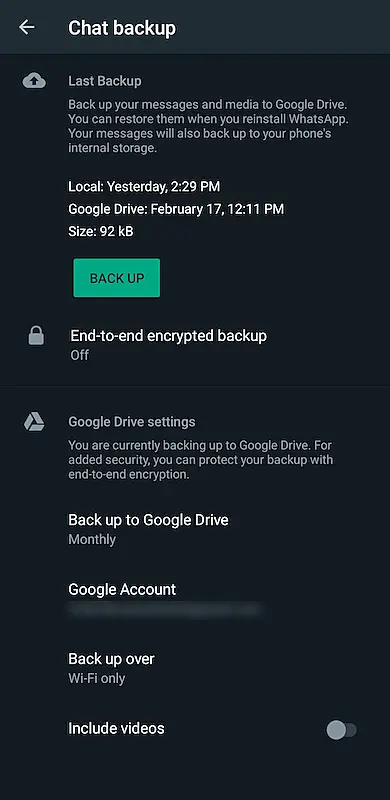 WhatsApp chat backup page