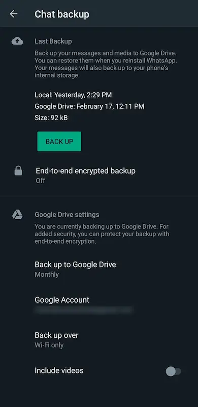 WhatsApp chat backup page