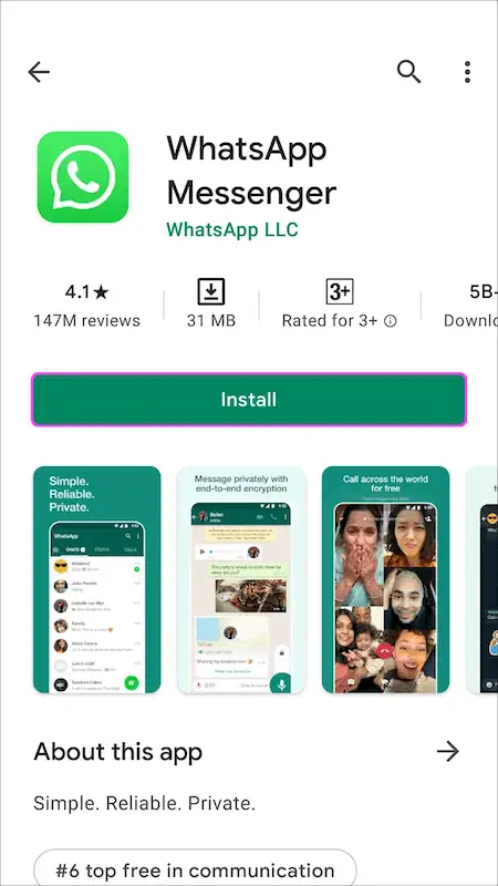 WhatsApp page on Google Play