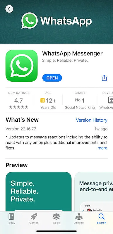 Whatsapp page on App Store