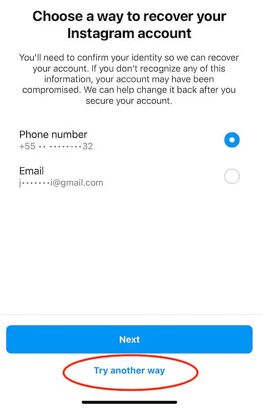 Choose a way to recover your Instagram account page