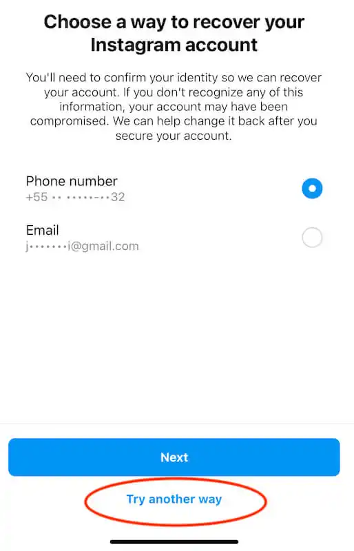 Choose a way to recover your Instagram account page