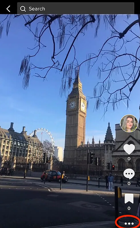 The image shows a TikTok video and there is a red circle on the three dots icon.