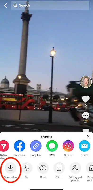 The image shows the TikTok menu, the button "Save Video" is inside a red circle.
