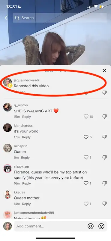 How to repost on TikTok - comment section TikTok for you page showing the comment section of a video