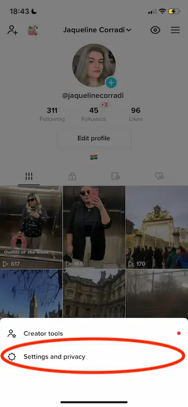 How to repost on TikTok - settings TikTok profile page showing the menu