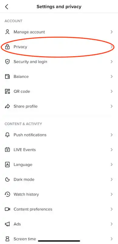 How to repost on TikTok - settings and privacy TikTok settings and privacy menu