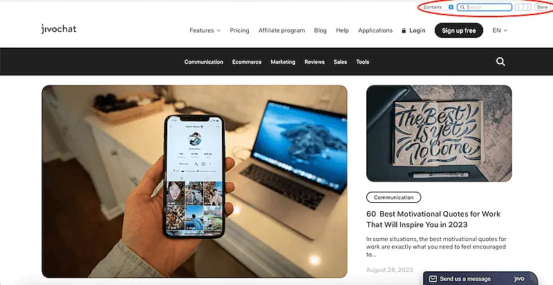 JivoChat blog page showing the word search bar