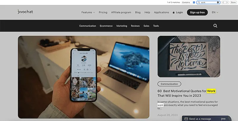 JivoChat blog page showing the results of the word search