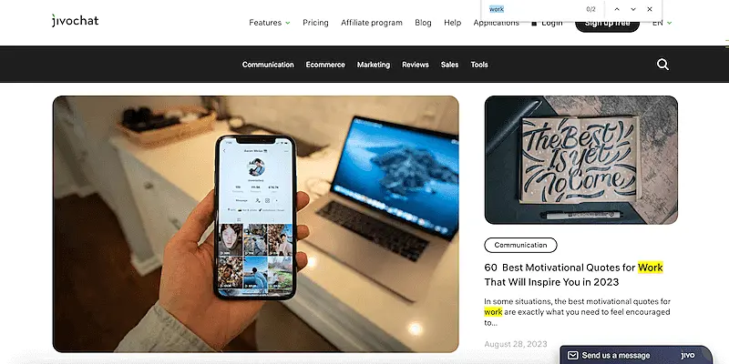 JivoChat blog page showing the results highlighted