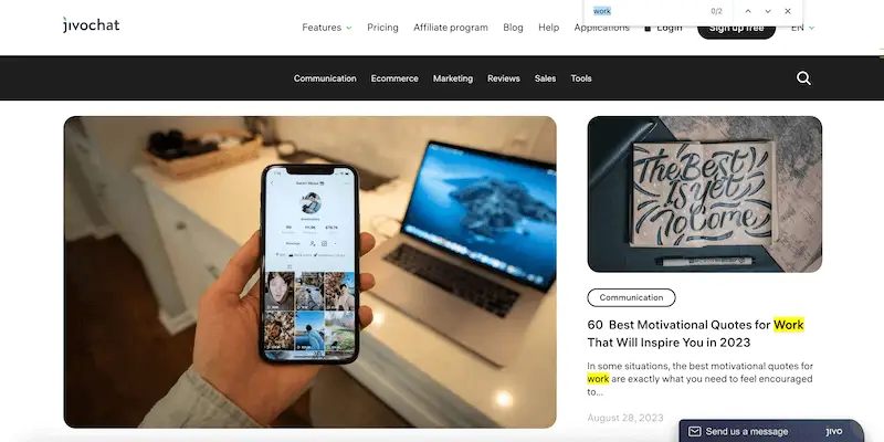 JivoChat blog page showing the results highlighted