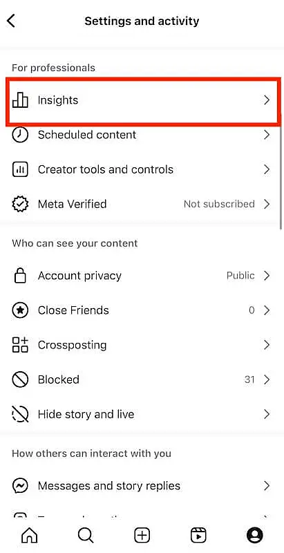 Instagram settings and activity menu
