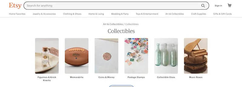 How to sell antiques online Etsy Etsy collectibles page