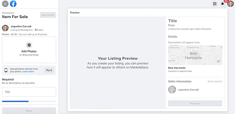 Facebook marketplace page to add the product