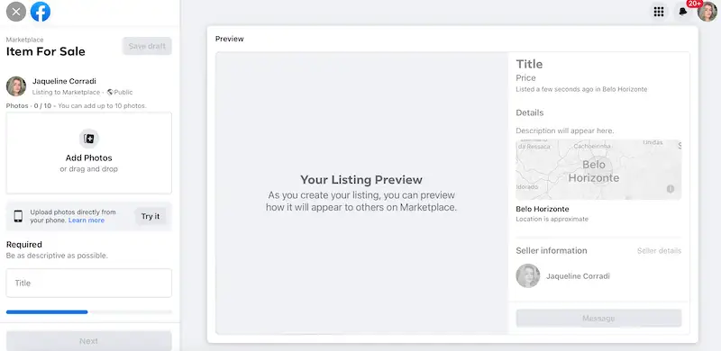 Facebook marketplace page to add the product