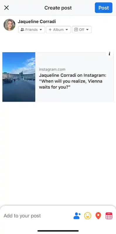 Facebook post page showing a link to the Instagram reel