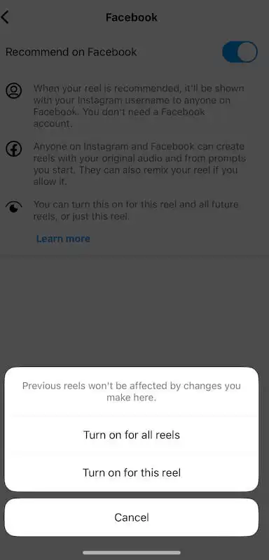 Instagram notification asking where it's written "Previous reels won't be affected by changes you make here. Turn on for all reels. Turn on for this reel. Cancel".