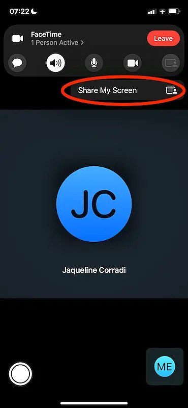 FaceTime screen  showing the "Share My Screen" button