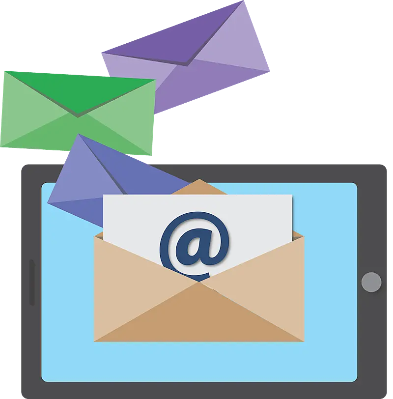 The image shows a tablet screen illustration, in the screen there is an open letter, and above it the are 3 envelopes.