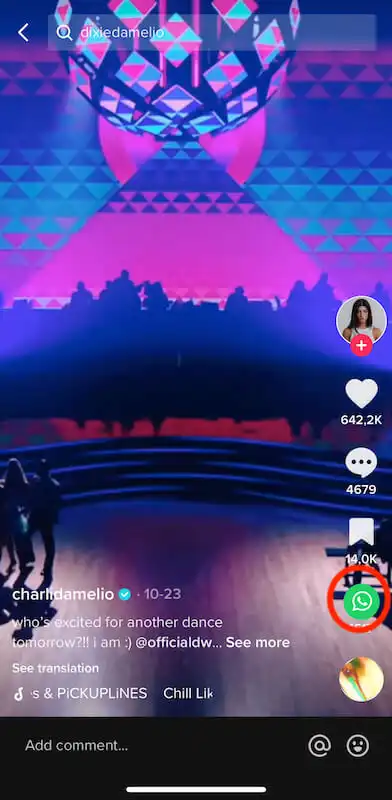Charli d Amelio TikTok video, on the left the share icon is highlighted.