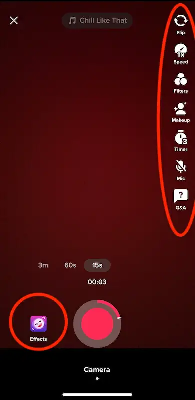 TikTok recording page, onw the side there are the edition tools