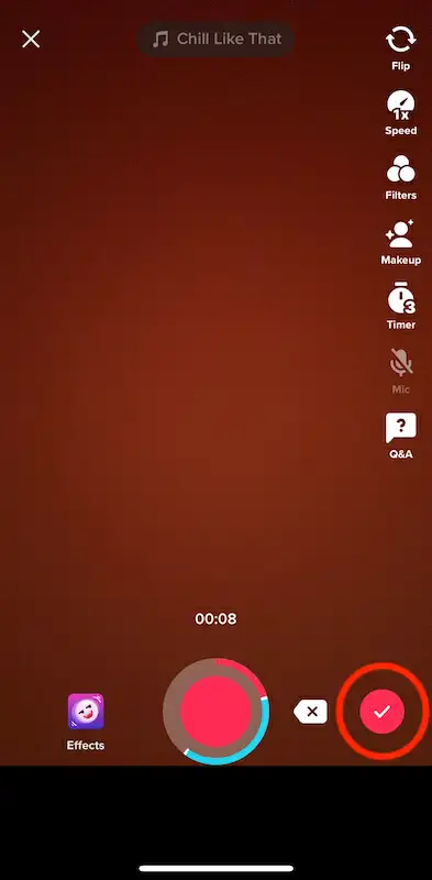 TikTok recording highlighting the check icon