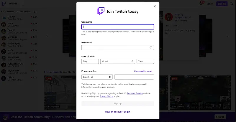 Twitch subscription form