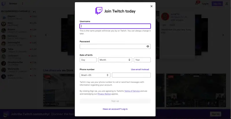 Twitch subscription form