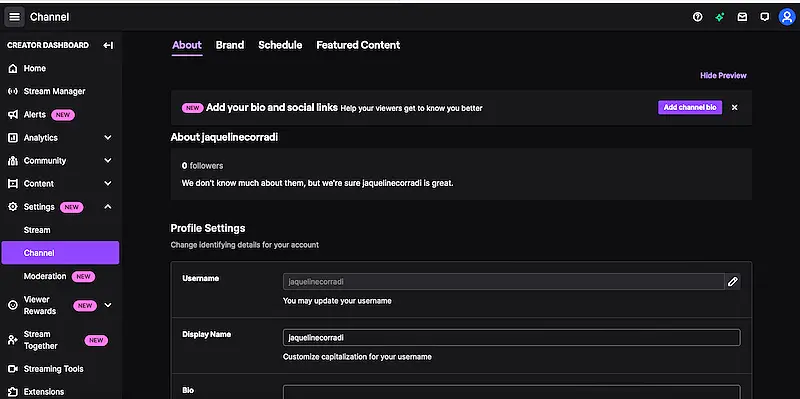 Twitch channel settings