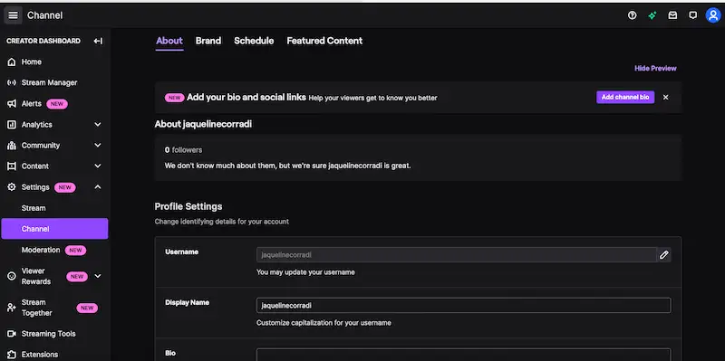 Twitch channel settings