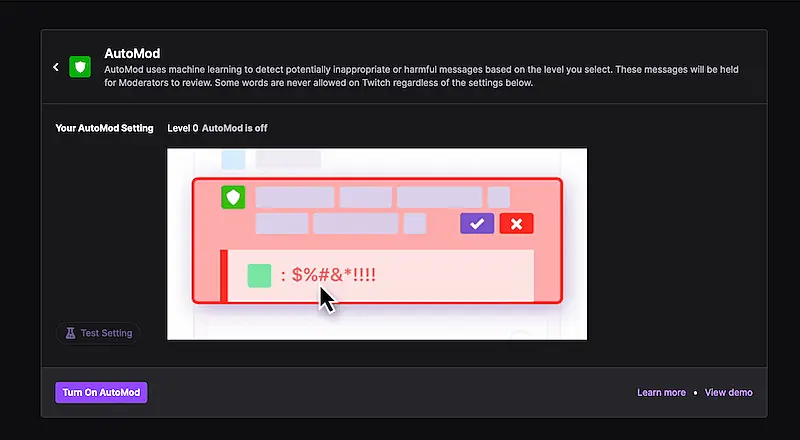 Moderation settings on Twitch