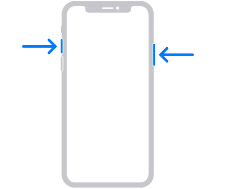 Iphone illustration showing where to press the side button and volume up button.