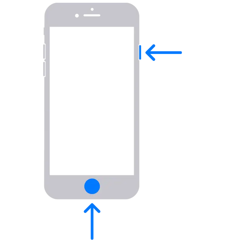 Iphone illustration showing where to press the home button and the side button