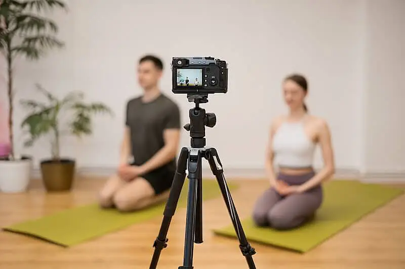 The image shows a camera on a tripod and in the background a couple doing yoga.