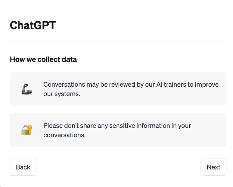 How to use ChatGPT - data ChatGPT explaining how it collects data.