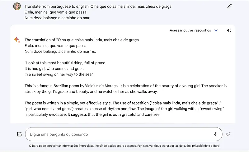 Google Bard page translation of Garota de Ipanema song from Portuguese to English.