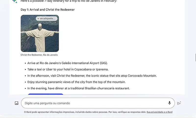Google Bard trip plan suggestion to Rio de Janeiro.