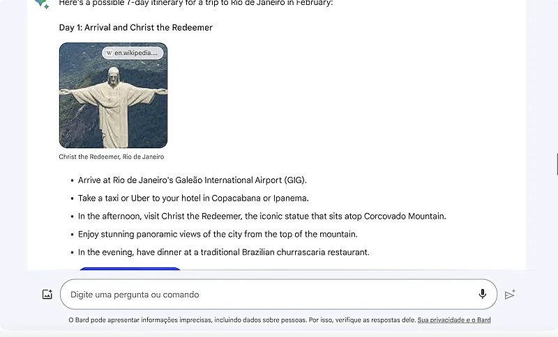 Google Bard trip plan suggestion to Rio de Janeiro.