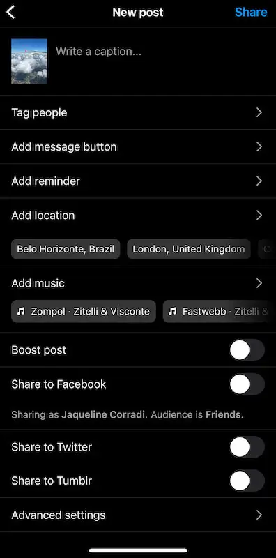 Instagram page to publish photo
