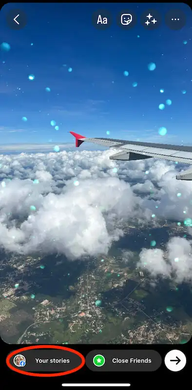 Instagram story showing a plane above the clouds.