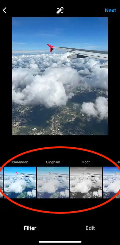 Instagram page to add filter to the photo. it shows a plane photo and below the filter options.