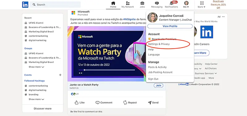 LinkedIn home page profile menu