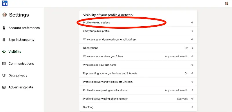 LinkedIn visibility menu