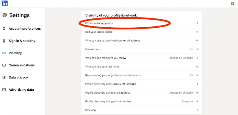 LinkedIn visibility menu