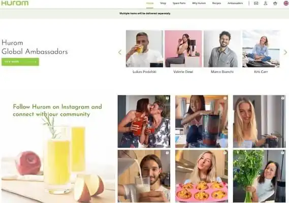 Hurom website section featuring global brand ambassadors at the top and a gallery of community members using juicers, drinking juice, and sharing lifestyle photos