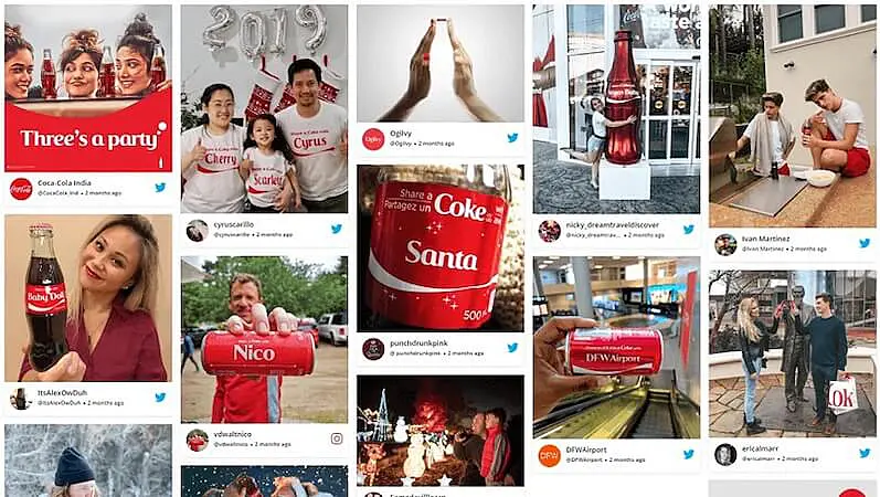 Collage of user-generated social media posts featuring people holding customized Coca-Cola bottles and participating in brand moments across different settings.