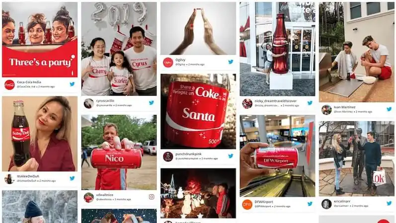 Collage of user-generated social media posts featuring people holding customized Coca-Cola bottles and participating in brand moments across different settings.